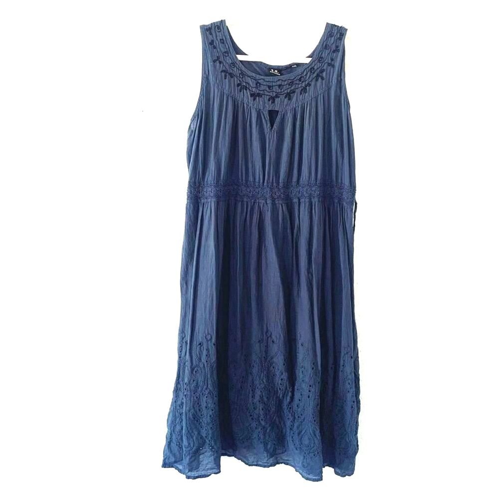 Cotton Embroidered Indigo MIDI Dress Sz XL Flowy Fresh Summer Minimalist Boho
